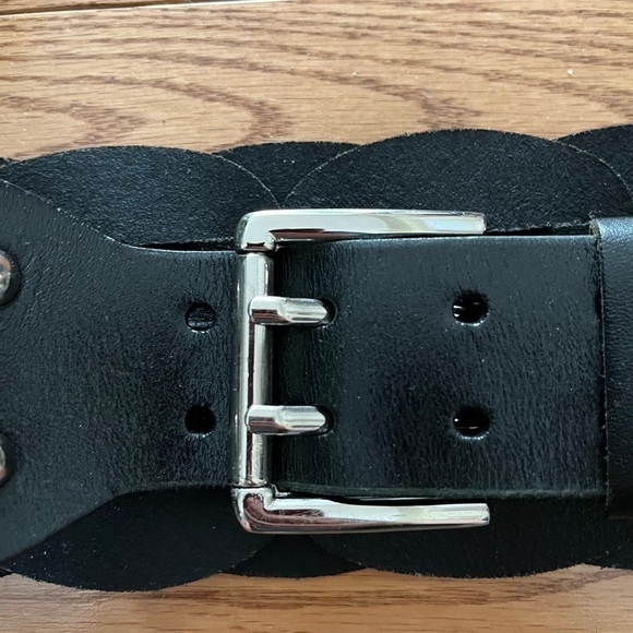 Club Monaco Black Woven Leather Wide  Belt with Silver Toned Buckle - Picture 2 of 11